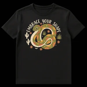 Coiled green snake with desert plants and 'Embrace Your Shape' text on a black t-shirt on Black t-shirt