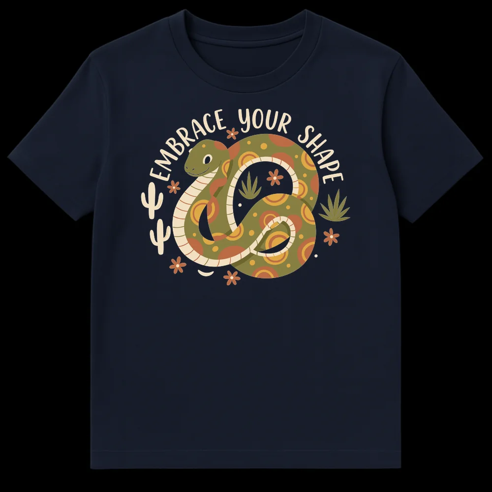 Coiled green snake with desert plants and 'Embrace Your Shape' text on a black t-shirt on Navy Blue t-shirt