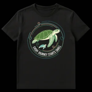 Inspirational sea turtle t-shirt with text 'EVERY JOURNEY STARTS SMALL', showing a large and small turtle swimming in a natural, illustrative style. on Black t-shirt