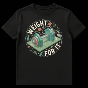 WEIGHT FOR IT t-shirt featuring a hand-drawn dumbbell, yoga mat, and water bottle surrounded by whimsical floral elements on a black background on Black t-shirt