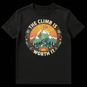 The Climb Is Worth It t-shirt with retro mountain landscape, sun, trees, and hiker icons on a black tee on Black t-shirt