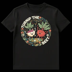 Turnip The Beet T-Shirt with dancing turnip and beet vegetables on a disco floor surrounded by music notes and stars on Black t-shirt
