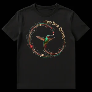 Vibrant hummingbird t-shirt with 'FIND your RHYTHM' text and floral accents on a black background on Black t-shirt