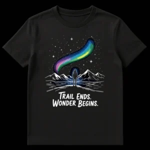 Hiker admiring aurora borealis in mountains 'Trail Ends. Wonder Begins.' graphic t-shirt. on Black t-shirt