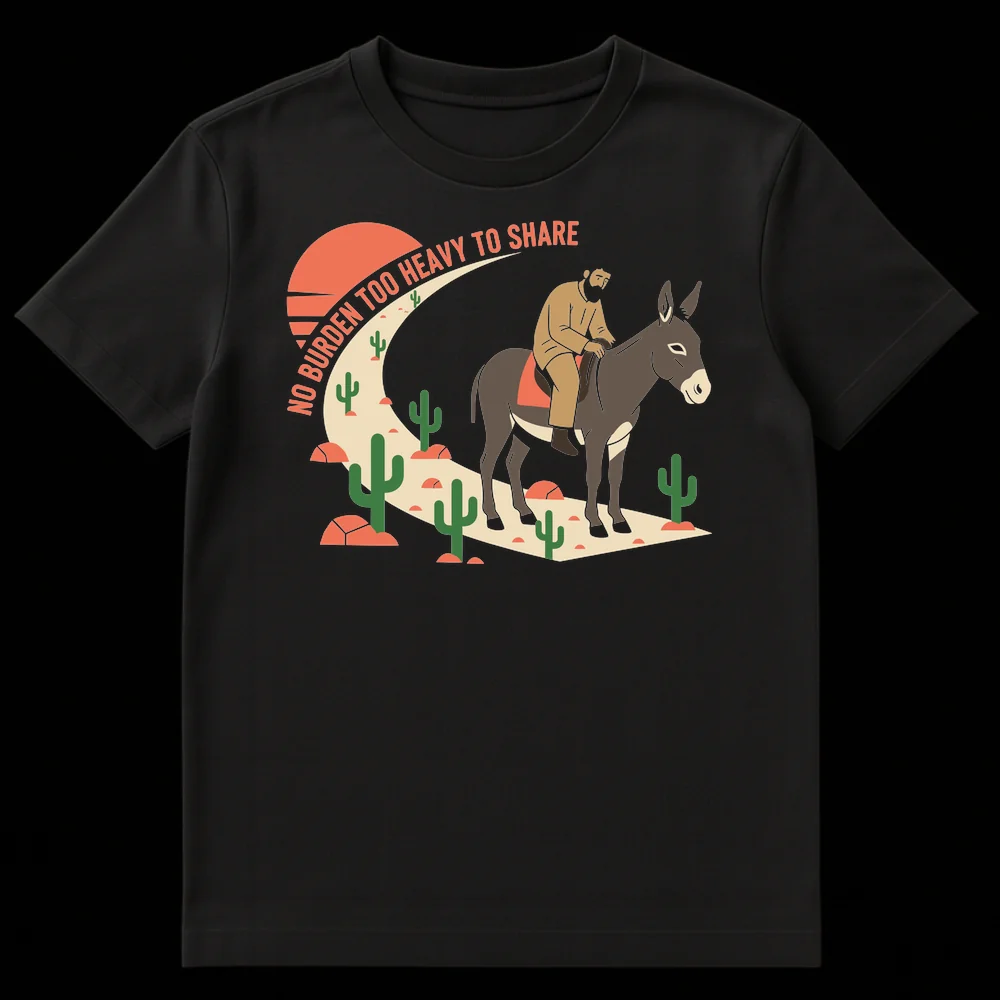 Man riding a donkey in desert with 'NO BURDEN TOO HEAVY TO SHARE' text, illustrating a pun about sharing burdens. on Black t-shirt