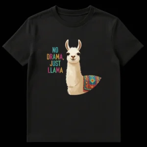 NO DRAMA, JUST LLAMA t-shirt with a cartoon llama wearing a colorful South American patterned blanket on Black t-shirt