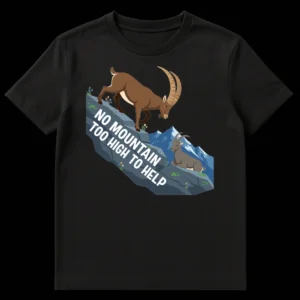 Black t-shirt with two stylized Alpine Ibex on rocky mountains, one climbing, one resting. White text reads 'NO MOUNTAIN TOO HIGH TO HELP'. on Black t-shirt