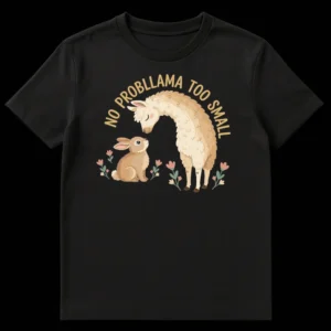 Whimsical black t-shirt with a cream llama comforting a brown bunny, surrounded by pink flowers, and the text 'NO PROBLLAMA TOO SMALL' on Black t-shirt