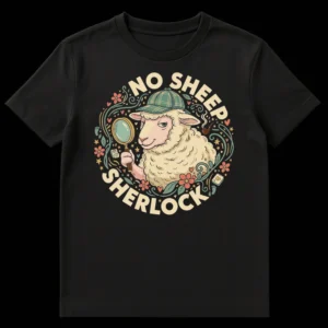 NO SHEEP SHERLOCK funny t-shirt design featuring a cartoon sheep detective with a deerstalker hat, magnifying glass, and smoking pipe, surrounded by whimsical floral and star elements on a black background. on Black t-shirt