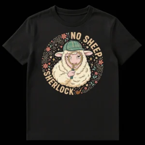 Humorous 'No Sheep Sherlock?' t-shirt design featuring a sheep dressed as Sherlock Holmes with a magnifying glass and deerstalker hat, against a black background with vintage flourishes. on Black t-shirt