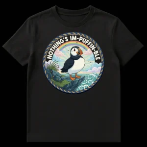 NOTHING'S IM-PUFFIN-BLE t-shirt featuring a cheerful cartoon puffin on a cliff with a rainbow, ocean, and rope frame. on Black t-shirt