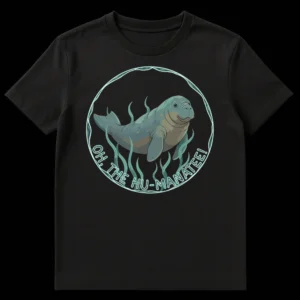 Manatee pun t-shirt with 'OH, THE HU-MANATEE!' text, featuring a cartoon manatee and aquatic plants in glowing blue and green colors. on Black t-shirt