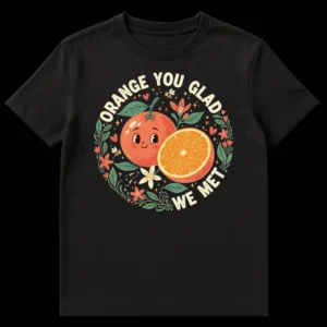 ORANGE YOU GLAD WE MET t-shirt design with smiling anthropomorphic orange, orange slice, flowers, and bees in a circular botanical frame against a black background. on Black t-shirt