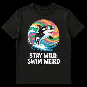 STAY WILD, SWIM WEIRD t-shirt with a cartoon killer whale wearing pink goggles and a psychedelic swirl background. on Black t-shirt