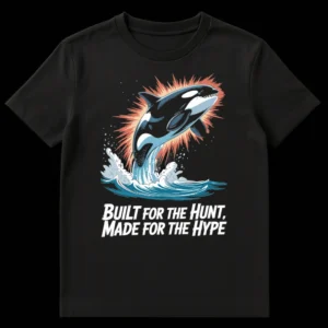 Dynamic comic book style graphic t-shirt featuring a breaching killer whale with 'BUILT FOR THE HUNT, MADE FOR THE HYPE' slogan. on Black t-shirt