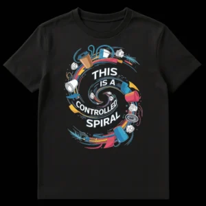 T-shirt with a cartoon-style graphic of office items like coffee cups, crumpled paper, and pens swirling in a vortex with the text 'THIS IS A CONTROLLED SPIRAL' on a black background. on Black t-shirt