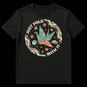 JUST FOLD WITH IT t-shirt with a stylized origami crane, cherry blossoms, and other paper crafts in a Japanese folk art style on a black background. on Black t-shirt