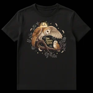 Enchanted realism t-shirt with two barn owls on a branch under a full moon and stars, with the text 'Owl Always Listen' on Black t-shirt