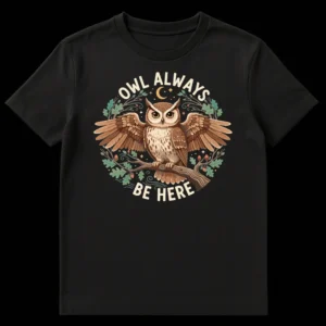 Owl Always Be Here T-Shirt with a whimsical great horned owl on a branch surrounded by oak leaves, acorns, moon, and stars. on Black t-shirt