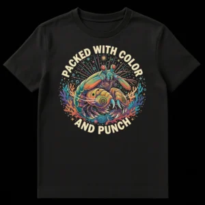 Mantis Shrimp T-Shirt 'PACKED WITH COLOR AND PUNCH' vibrant marine life design on Black t-shirt