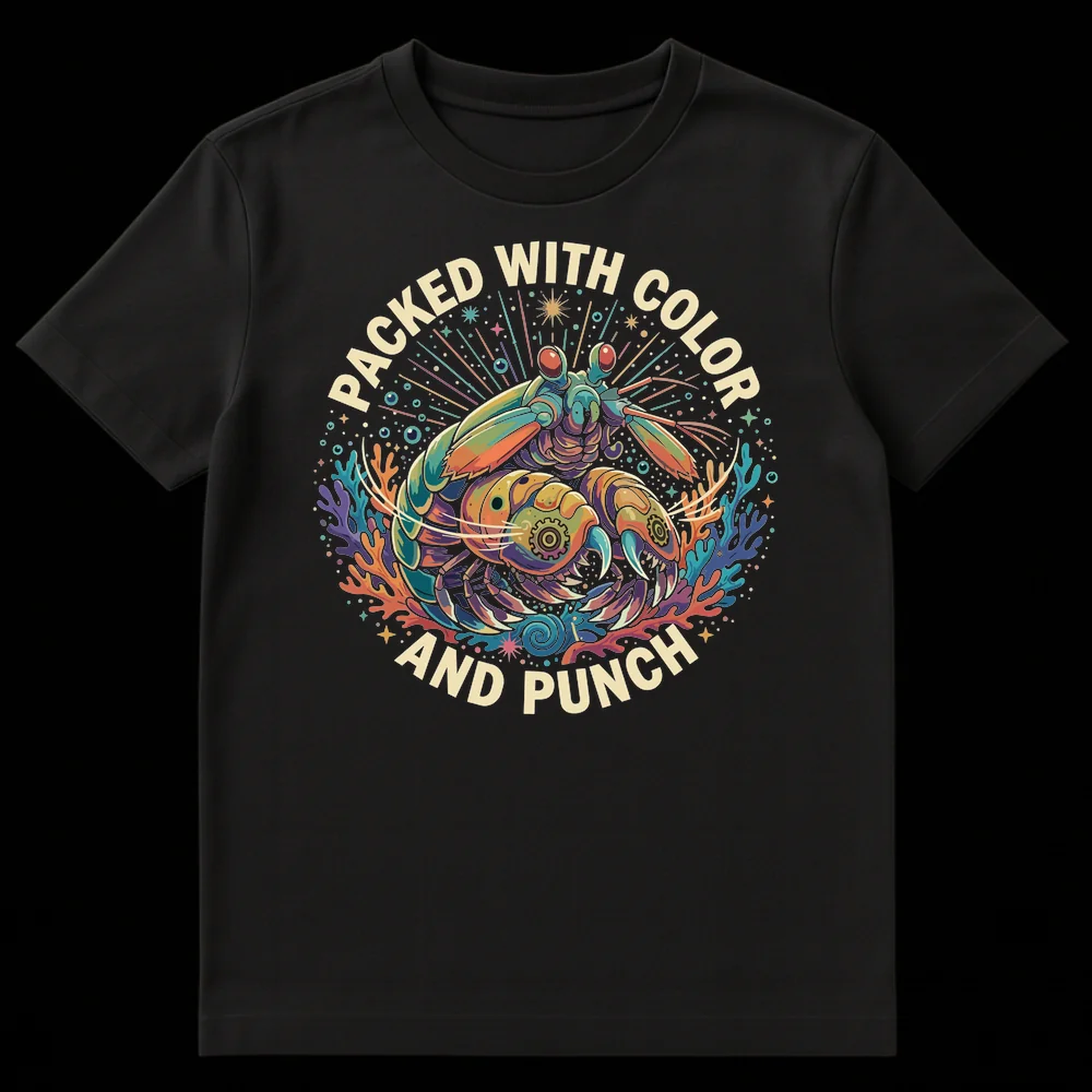 Mantis Shrimp T-Shirt 'PACKED WITH COLOR AND PUNCH' vibrant marine life design on Black t-shirt