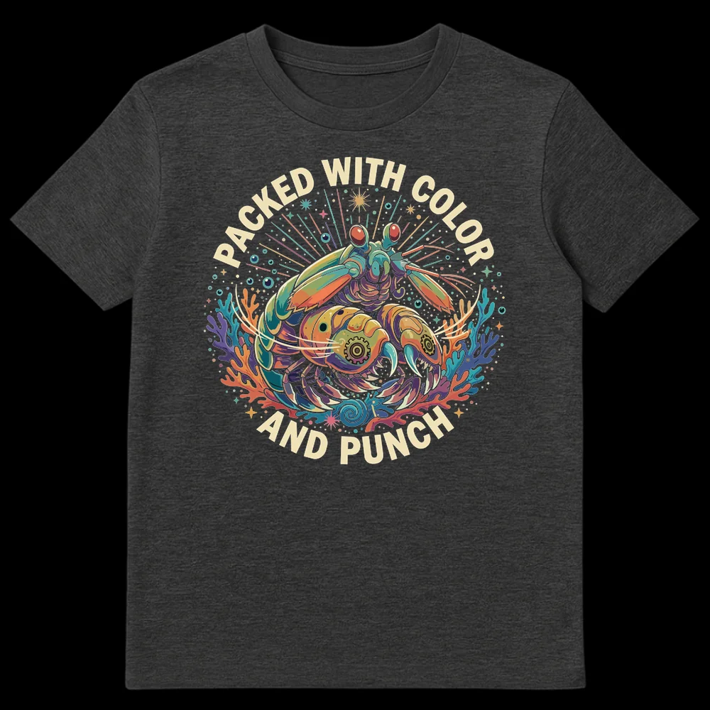 Mantis Shrimp T-Shirt 'PACKED WITH COLOR AND PUNCH' vibrant marine life design on Dark Heather t-shirt