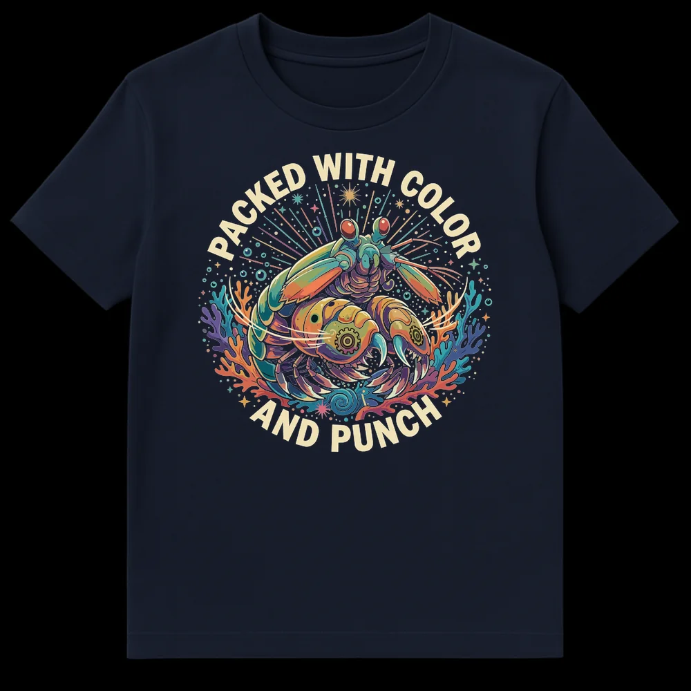 Mantis Shrimp T-Shirt 'PACKED WITH COLOR AND PUNCH' vibrant marine life design on Navy Blue t-shirt