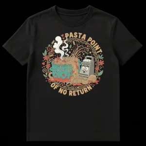 PASTA POINT OF NO RETURN t-shirt with funny spaghetti, sauce, and scared cheese grater cartoon design on Black t-shirt