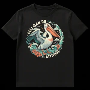 Peli-can Do Attitude t-shirt with a vintage-style pelican in a coastal scene, featuring ocean, flowers, and stars. on Black t-shirt
