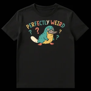 Cartoon platypus t-shirt with text 'PERFECTLY WEIRD' and four question marks, on a black background on Black t-shirt