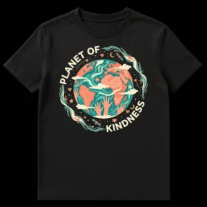 PLANET OF KINDNESS t-shirt with Earth, hands, stars, and hearts in coral, teal, and cream colors on Black t-shirt
