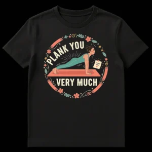 Woman planking with 'PLANK YOU VERY MUCH' pun t-shirt design, humorous fitness apparel on Black t-shirt