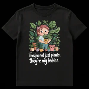 Cute cartoon girl surrounded by houseplants, holding a Monstera, with text 'They're not just plants, they're my babies' on a black t-shirt. on Black t-shirt
