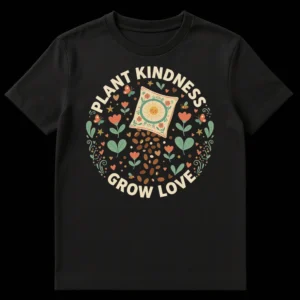 Boho-chic 'Plant Kindness Grow Love' T-shirt design with a seed packet, flowers, bees, and butterflies in earthy tones on a black background. on Black t-shirt