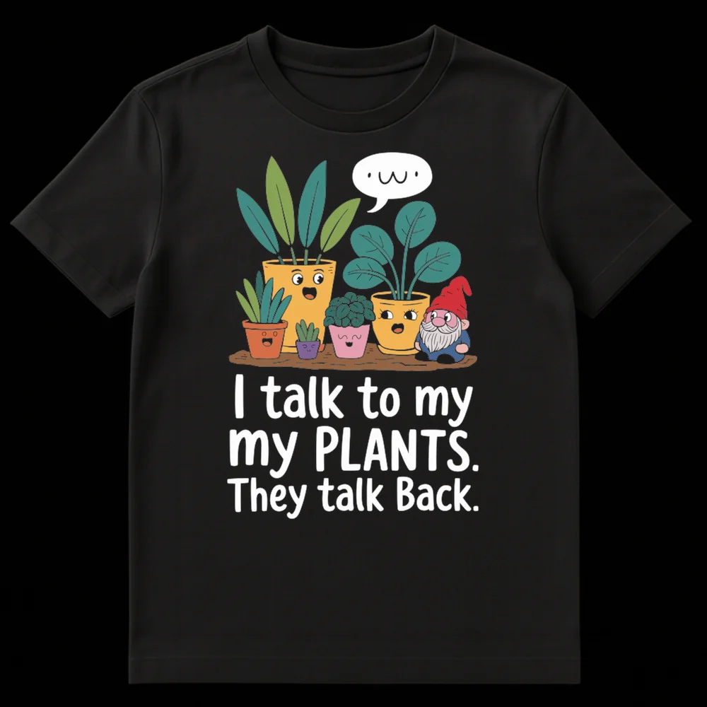 Cute black t-shirt with cartoon plants and garden gnome. Text says 'I talk to my plants. They talk Back.' A plant has a speech bubble with '.w.' on Black t-shirt