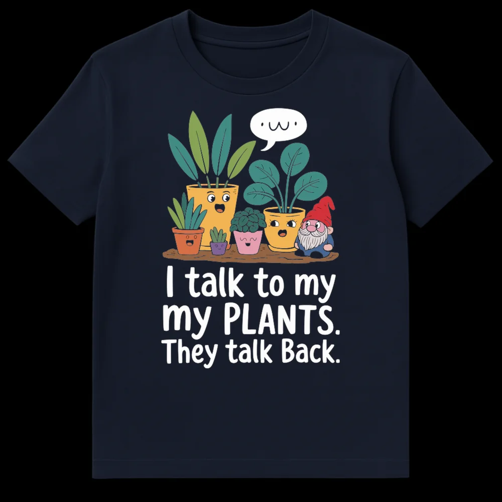 Cute black t-shirt with cartoon plants and garden gnome. Text says 'I talk to my plants. They talk Back.' A plant has a speech bubble with '.w.' on Navy Blue t-shirt