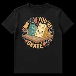 Cute cartoon cheese and grater with 'YOU'RE GRATE' pun on a black t-shirt, surrounded by mice, grapes, and crackers. on Black t-shirt