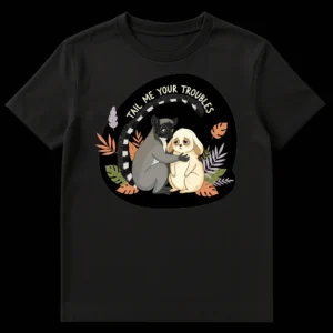 TAIL ME YOUR TROUBLES t-shirt with a comforting lemur and sad rabbit in a gentle, cartoon style. Text is cream on a black background. on Black t-shirt