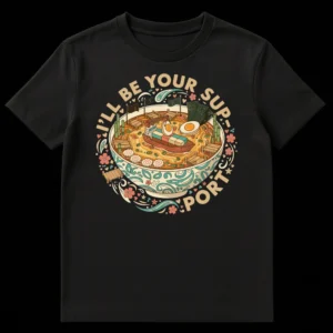 I'LL BE YOUR SUP-PORT Ramen T-Shirt featuring a cute ramen bowl as a seaport with ships and docks on Black t-shirt