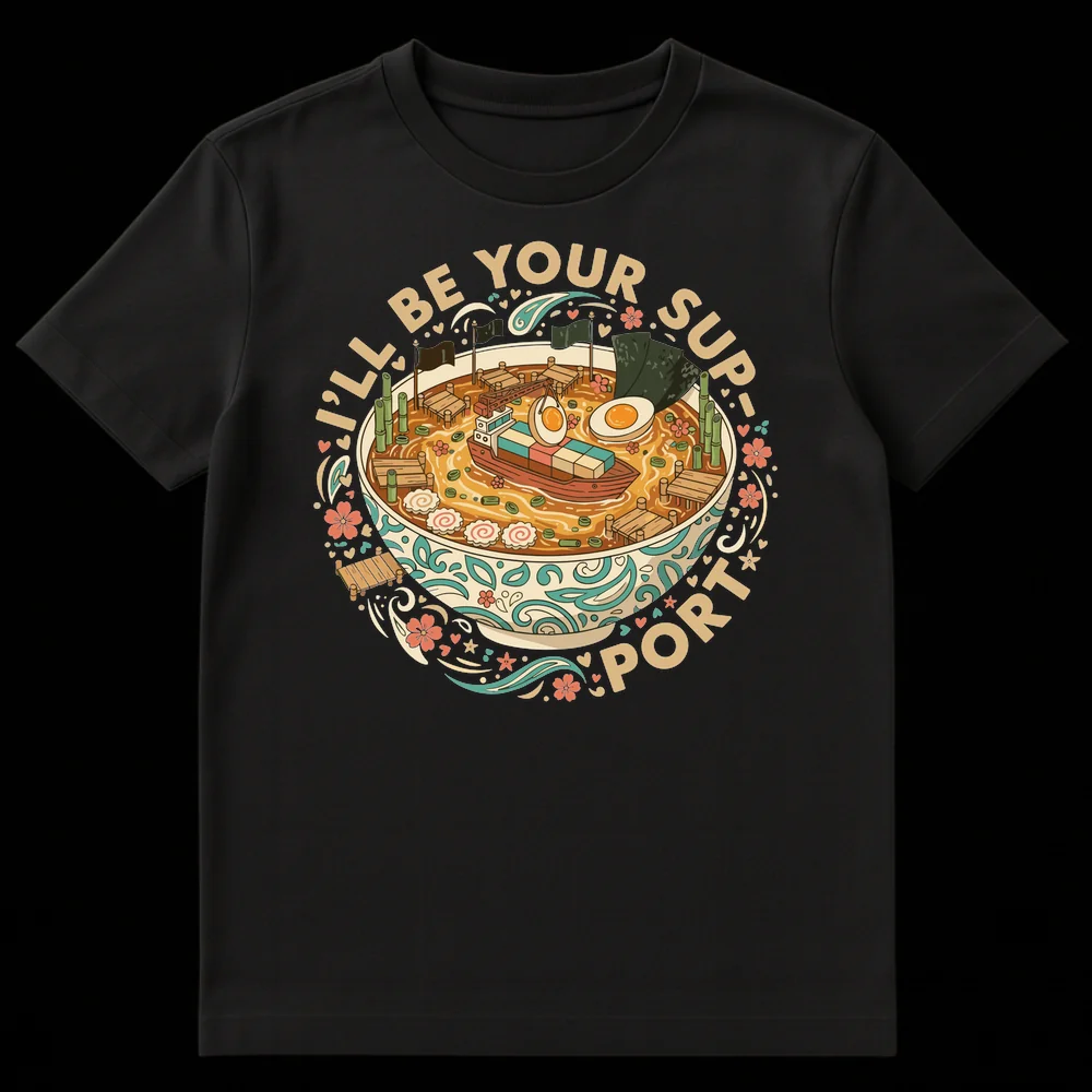 I'LL BE YOUR SUP-PORT Ramen T-Shirt featuring a cute ramen bowl as a seaport with ships and docks on Black t-shirt