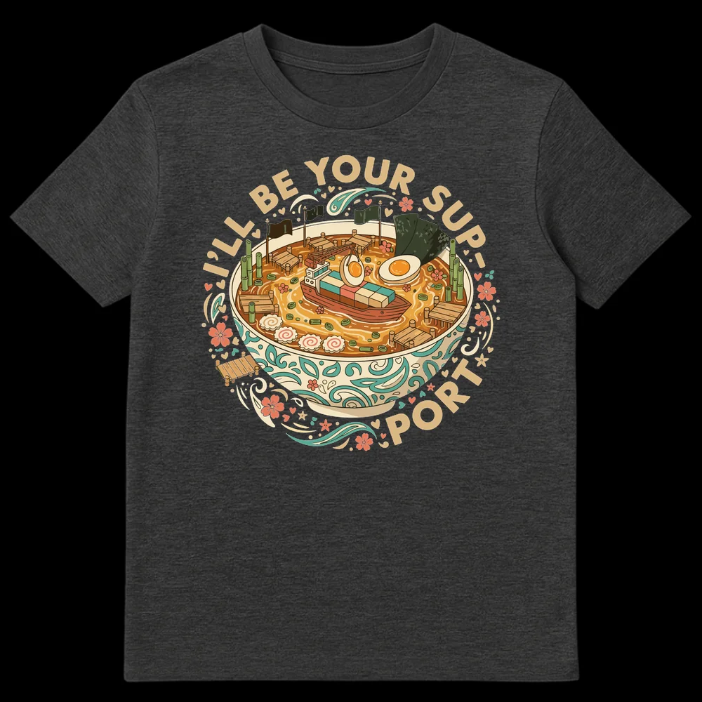 I'LL BE YOUR SUP-PORT Ramen T-Shirt featuring a cute ramen bowl as a seaport with ships and docks on Dark Heather t-shirt