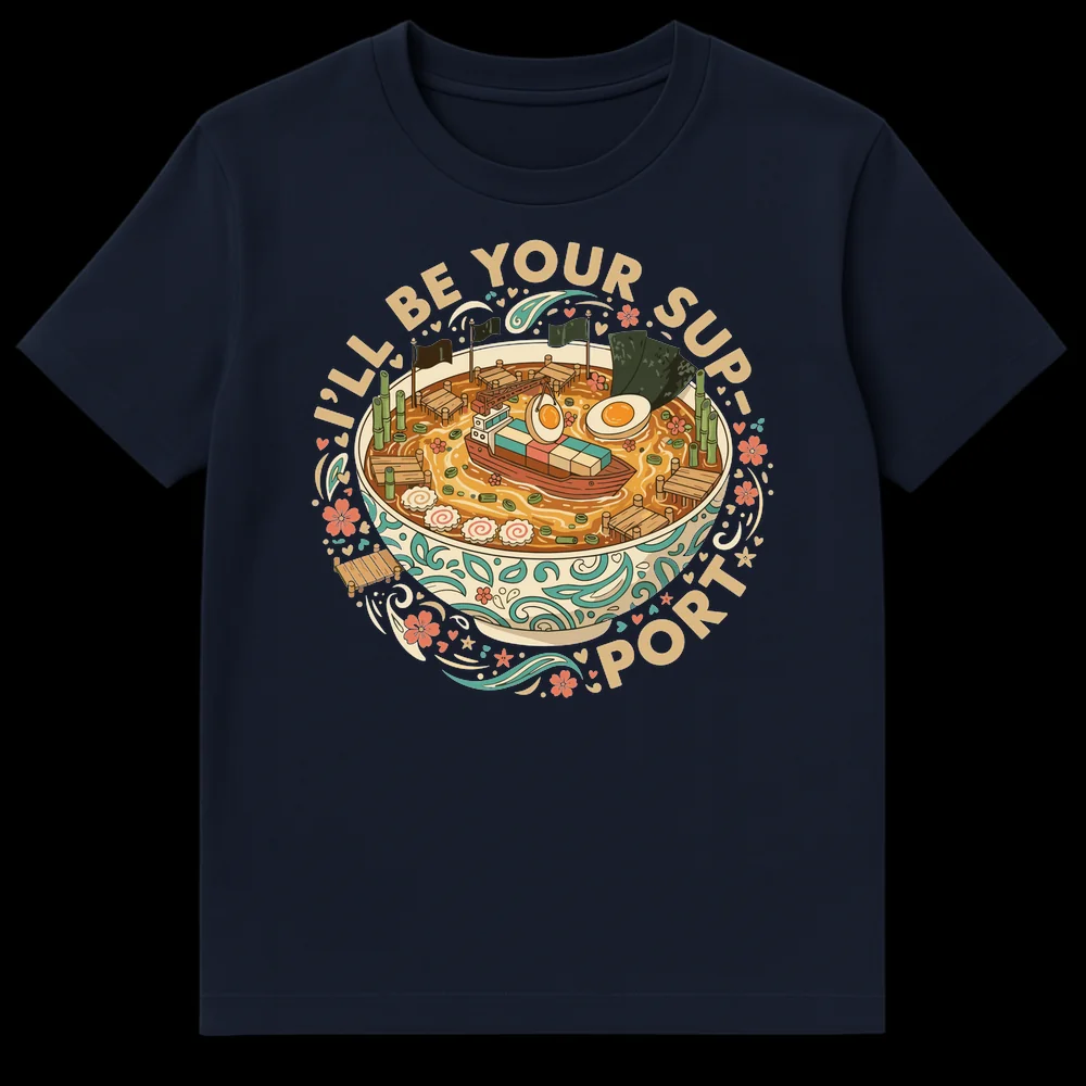 I'LL BE YOUR SUP-PORT Ramen T-Shirt featuring a cute ramen bowl as a seaport with ships and docks on Navy Blue t-shirt