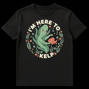 I'm Here To Kelp Pun T-Shirt with Cute Kelp Character and Fish on Black t-shirt