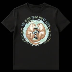 T-shirt with two cute otters holding paws and the text 'YOU OTTER KNOW YOU'RE LOVED' in a watercolor-like style on Black t-shirt