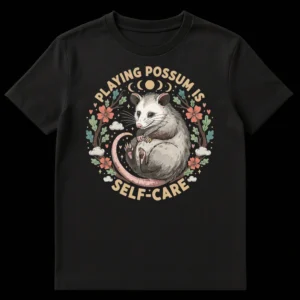 Whimsical opossum t-shirt with 'PLAYING POSSUM IS SELF-CARE' text, surrounded by a floral and moon phase wreath on a black background. on Black t-shirt