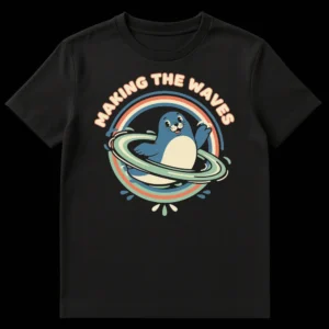Retro cartoon seal making waves with a rainbow arc and 'MAKING THE WAVES' text on a black t-shirt. on Black t-shirt