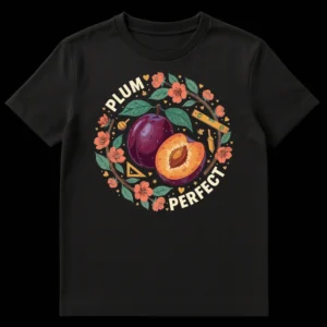 Plum Perfect T-Shirt with Plums, Spirit Level, Plumb Bob, and Set Square on a black background. on Black t-shirt