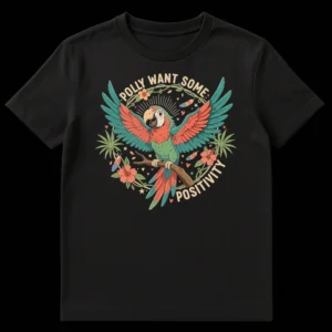 Cheerful parrot t-shirt with text 'POLLY WANT SOME POSITIVITY' surrounded by tropical leaves and flowers on a black background. on Black t-shirt