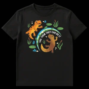 Two cheerful cartoon newts with "TAIL THEM THEY CAN DO IT" text, set in a vibrant pond scene with lily pads and a rainbow arc. on Black t-shirt