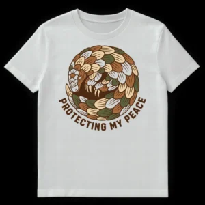 Pangolin curled into a ball with text 'PROTECTING MY PEACE' t-shirt design on White t-shirt